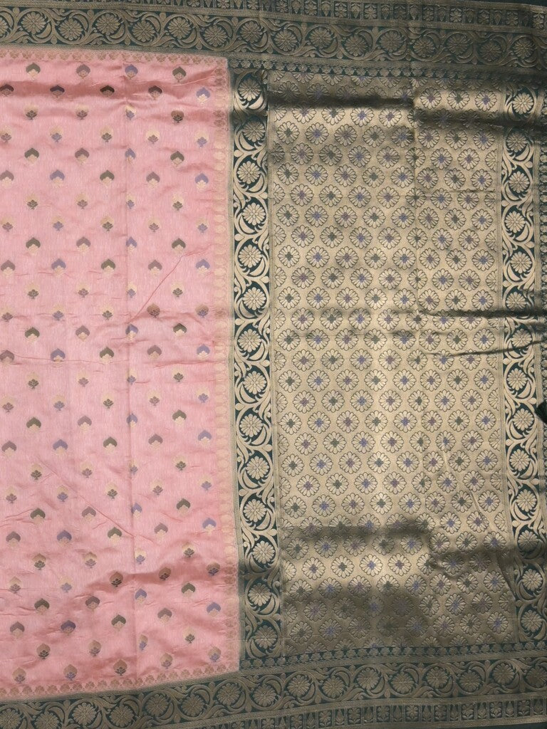 Banaras fancy saree baby pink color allover zari motifs & zari border with rich pallu and attached blouse