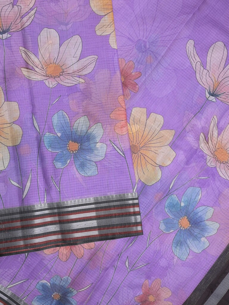 Kota fancy sarees in purple color allover prints & zari border with short pallu and contrast blouse