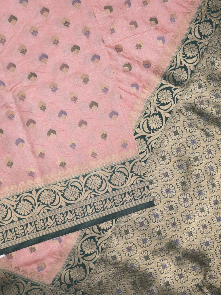 Banaras fancy saree baby pink color allover zari motifs & zari border with rich pallu and attached blouse