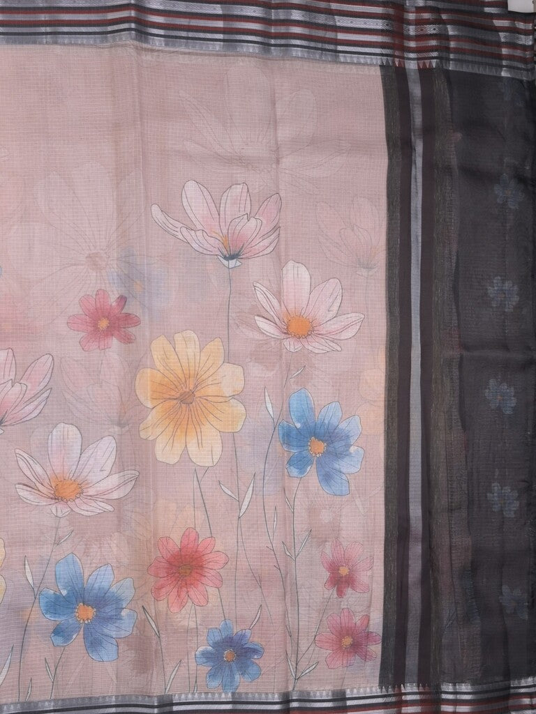 Kota fancy sarees in pastel grey color allover prints & zari border with short pallu and contrast blouse