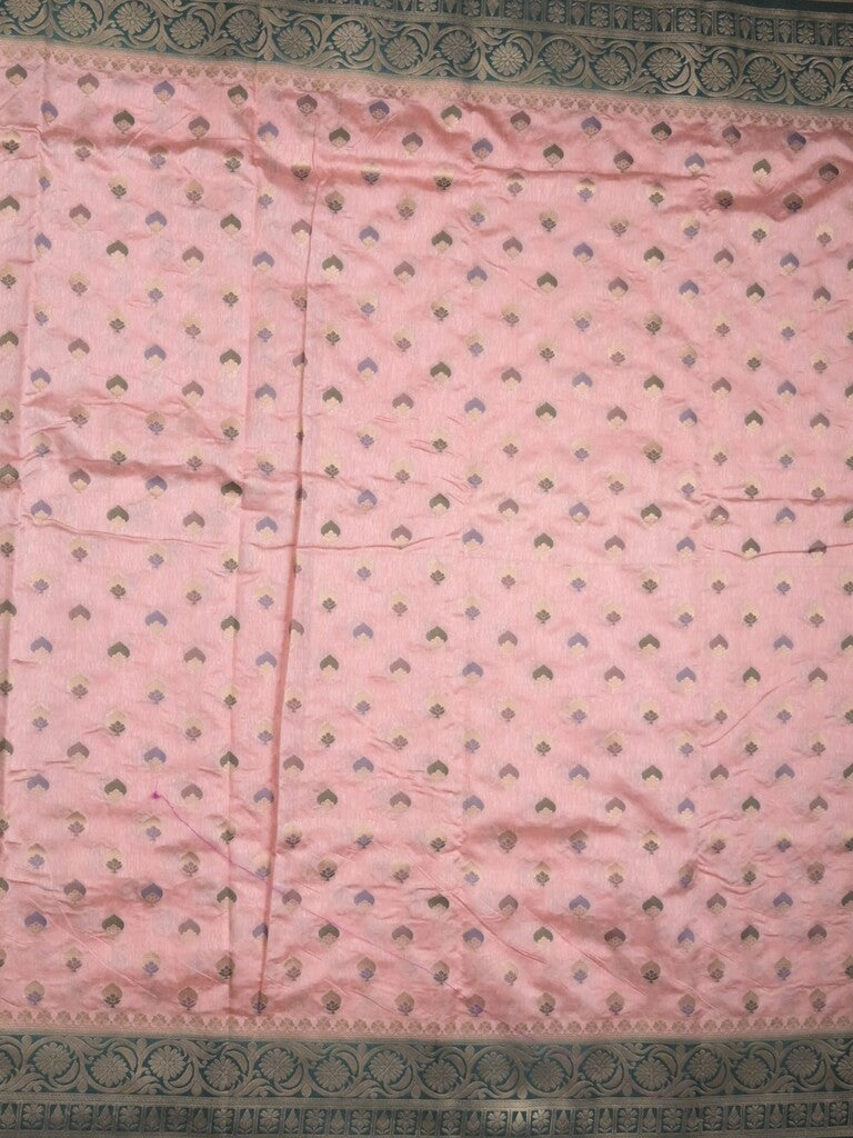 Banaras fancy saree baby pink color allover zari motifs & zari border with rich pallu and attached blouse
