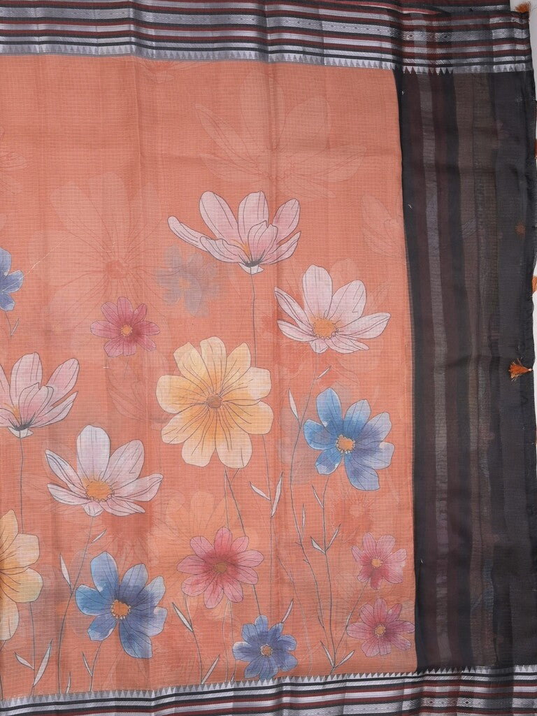 Kota fancy sarees in peach color allover prints & zari border with short pallu and contrast blouse