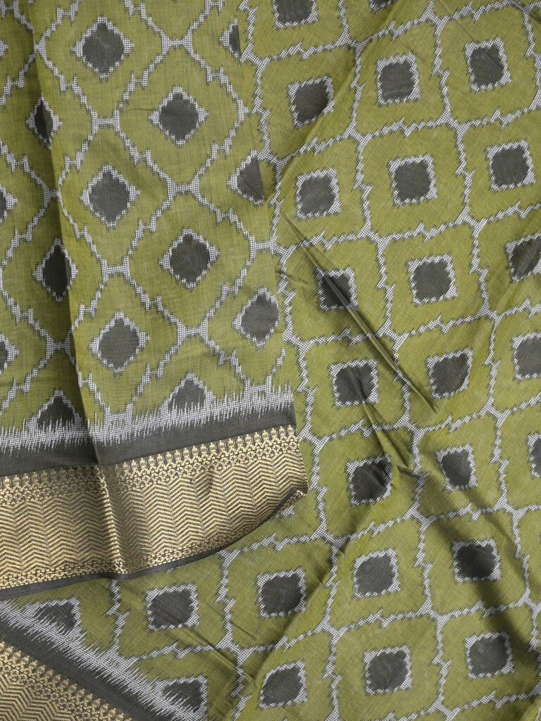 Maheshwari fancy saree olive green color allover prints & zari border with printed pallu and attached printed blouse