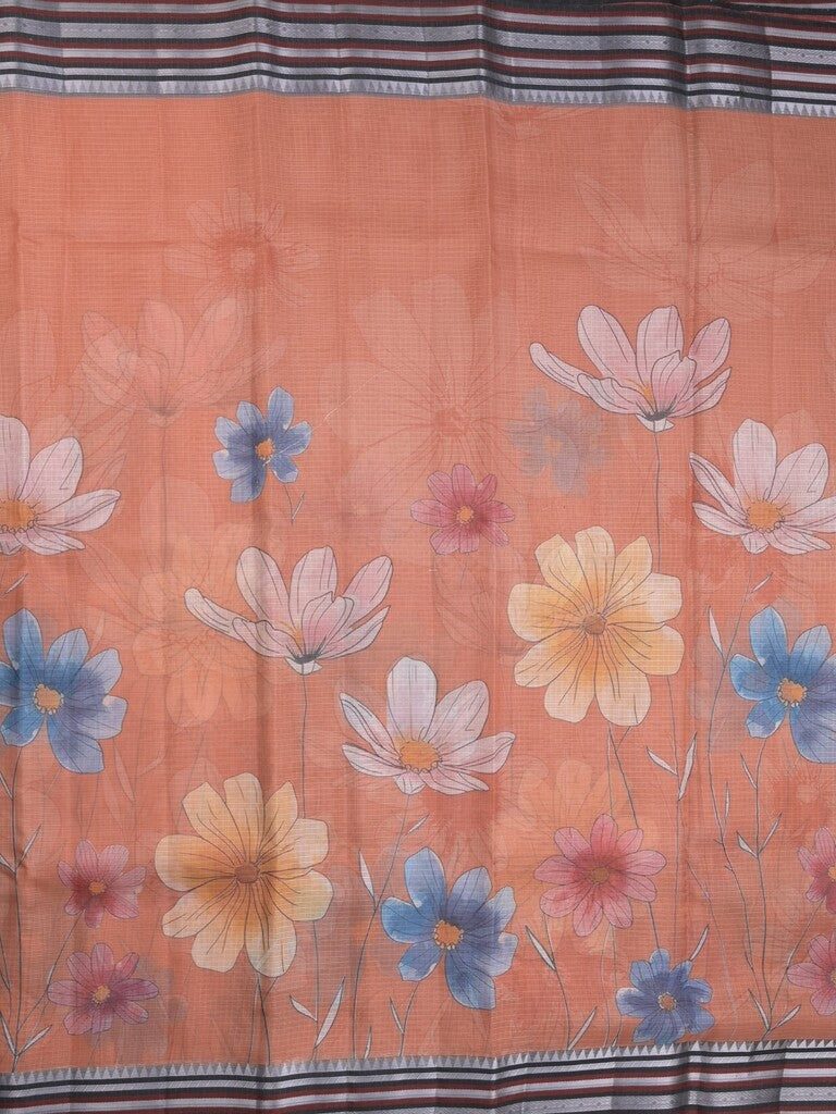 Kota fancy sarees in peach color allover prints & zari border with short pallu and contrast blouse