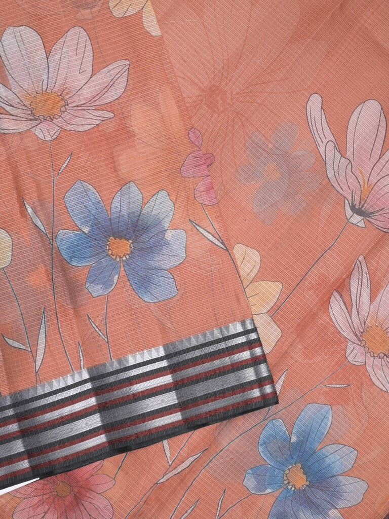 Kota fancy sarees in peach color allover prints & zari border with short pallu and contrast blouse
