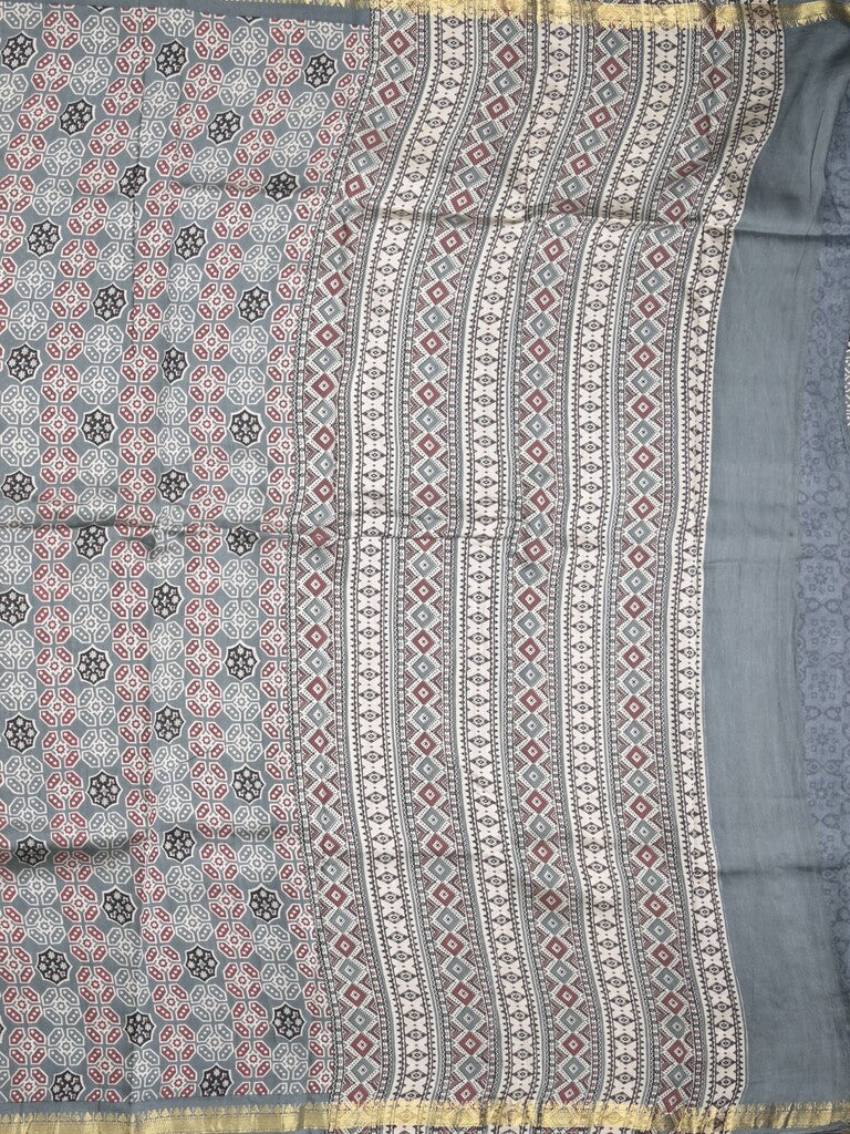 Maheshwari fancy saree grey color allover prints & small zari border and printed pallu and plain blouse