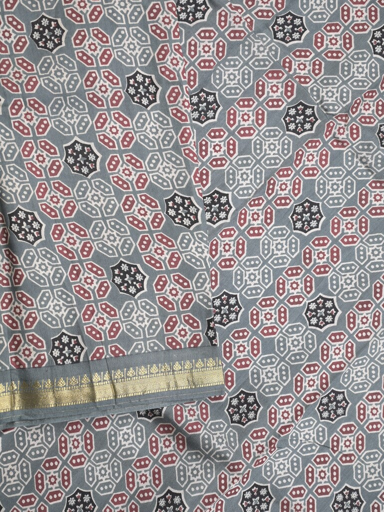 Maheshwari fancy saree grey color allover prints & small zari border and printed pallu and plain blouse