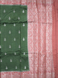 Raw mango fancy saree bottle green color allover zari motifs & zari border with zari pallu and contrast blouse
