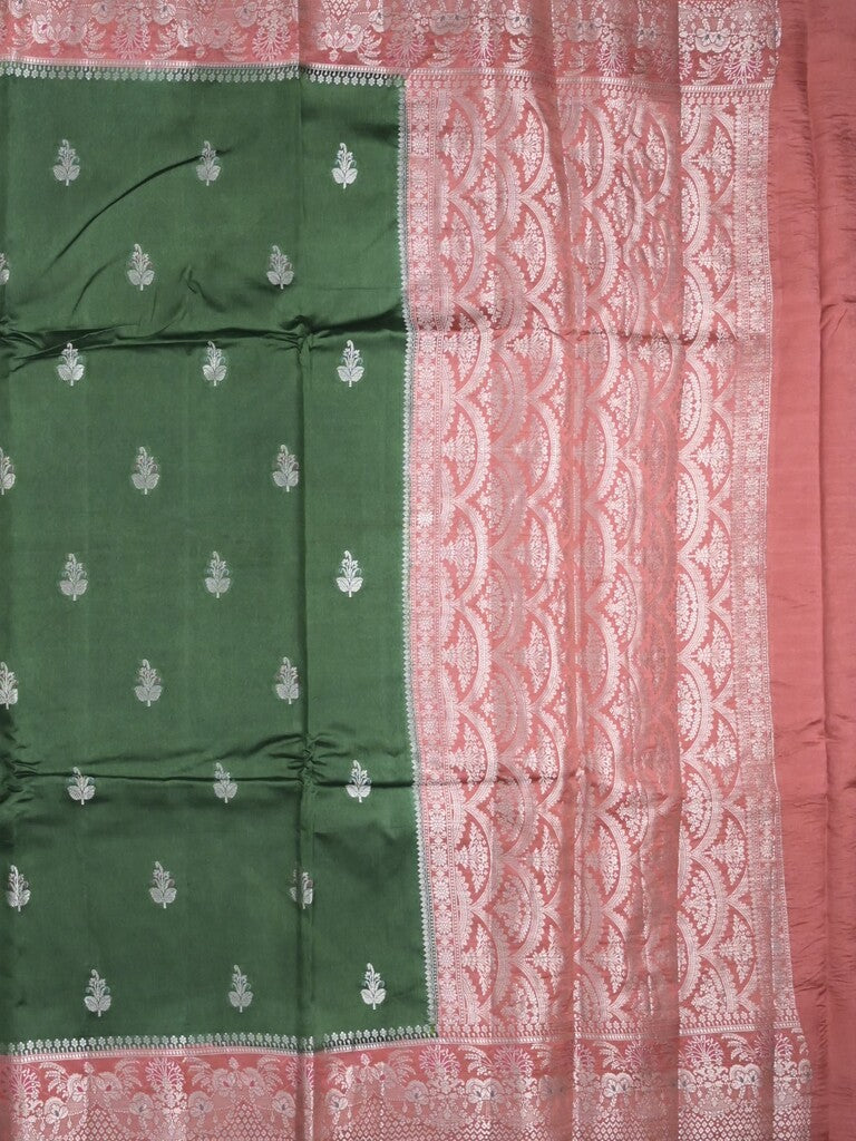 Raw mango fancy saree bottle green color allover zari motifs & zari border with zari pallu and contrast blouse