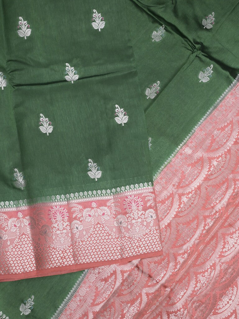 Raw mango fancy saree bottle green color allover zari motifs & zari border with zari pallu and contrast blouse