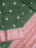 Raw mango fancy saree bottle green color allover zari motifs & zari border with zari pallu and contrast blouse