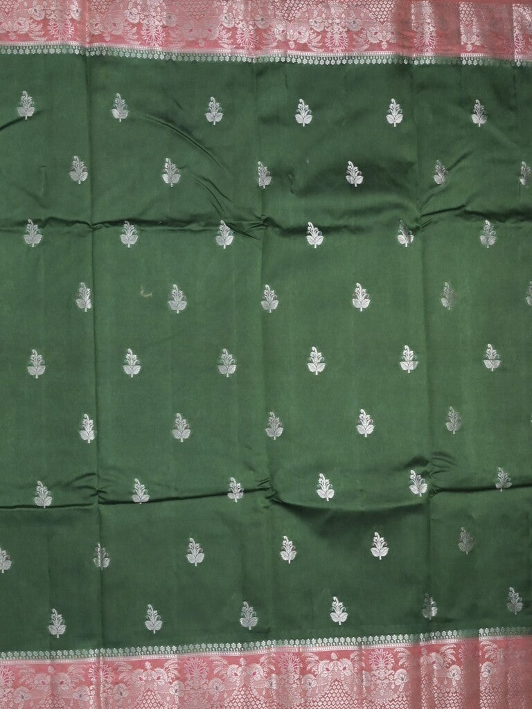 Raw mango fancy saree bottle green color allover zari motifs & zari border with zari pallu and contrast blouse