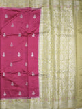 Raw mango fancy saree rani pink color allover zari motifs & zari border with zari pallu and contrast blouse