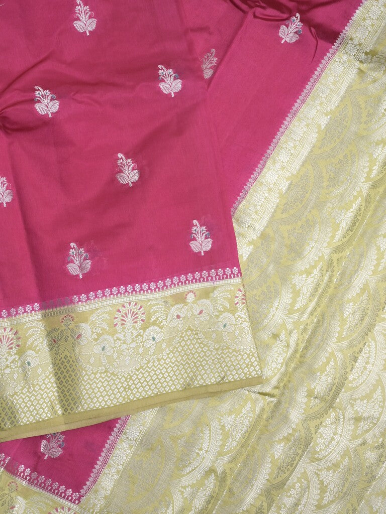Raw mango fancy saree rani pink color allover zari motifs & zari border with zari pallu and contrast blouse