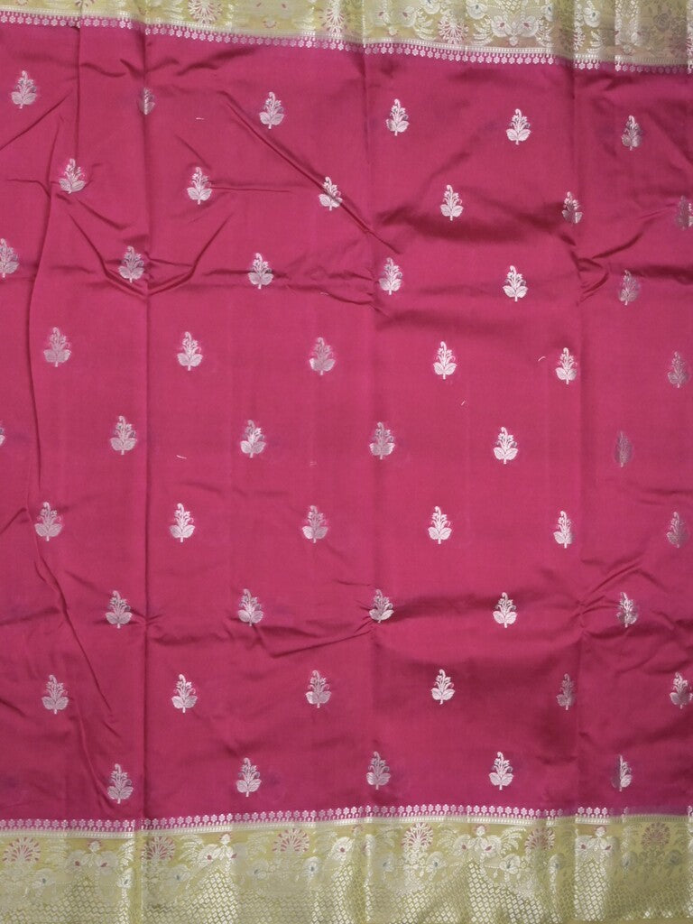 Raw mango fancy saree rani pink color allover zari motifs & zari border with zari pallu and contrast blouse
