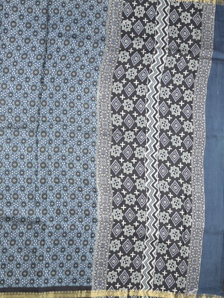 Maheshwari fancy saree light blue color allover prints & small zari border and printed pallu and plain blouse