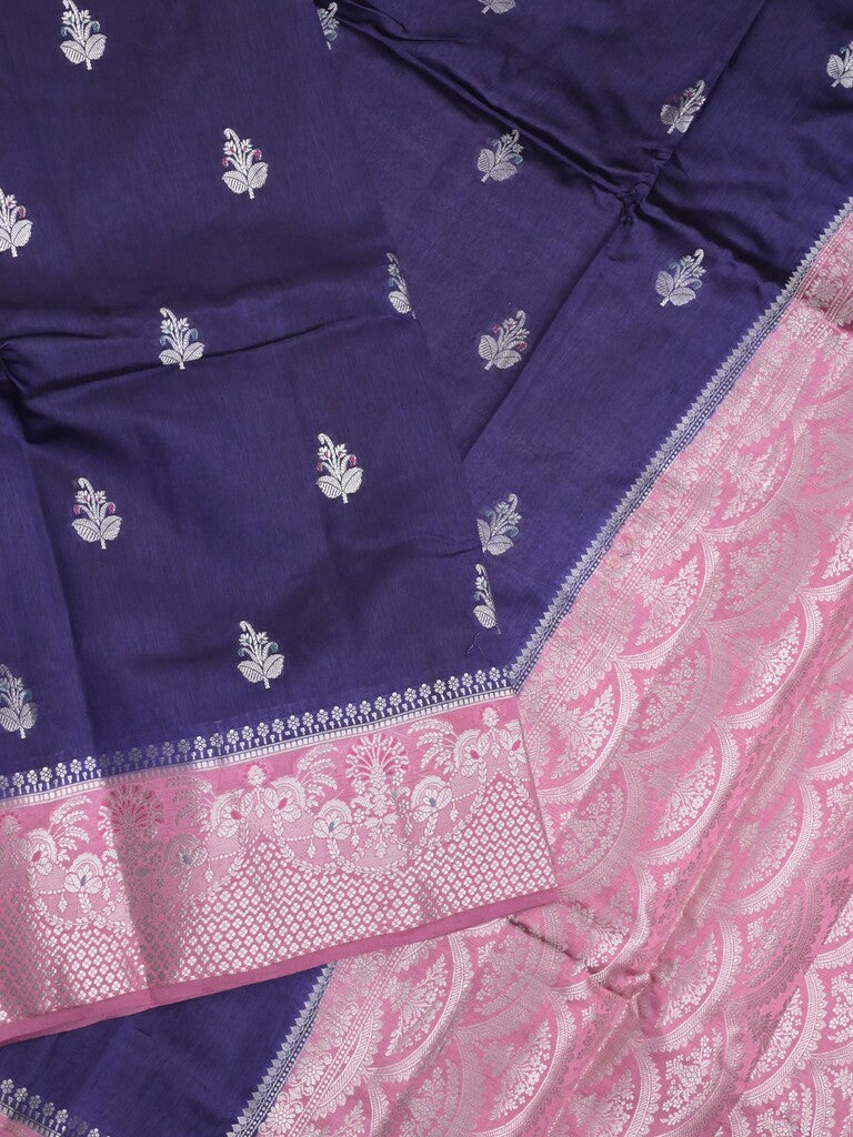 Raw mango fancy saree navy blue color allover zari motifs & zari border with zari pallu and contrast blouse