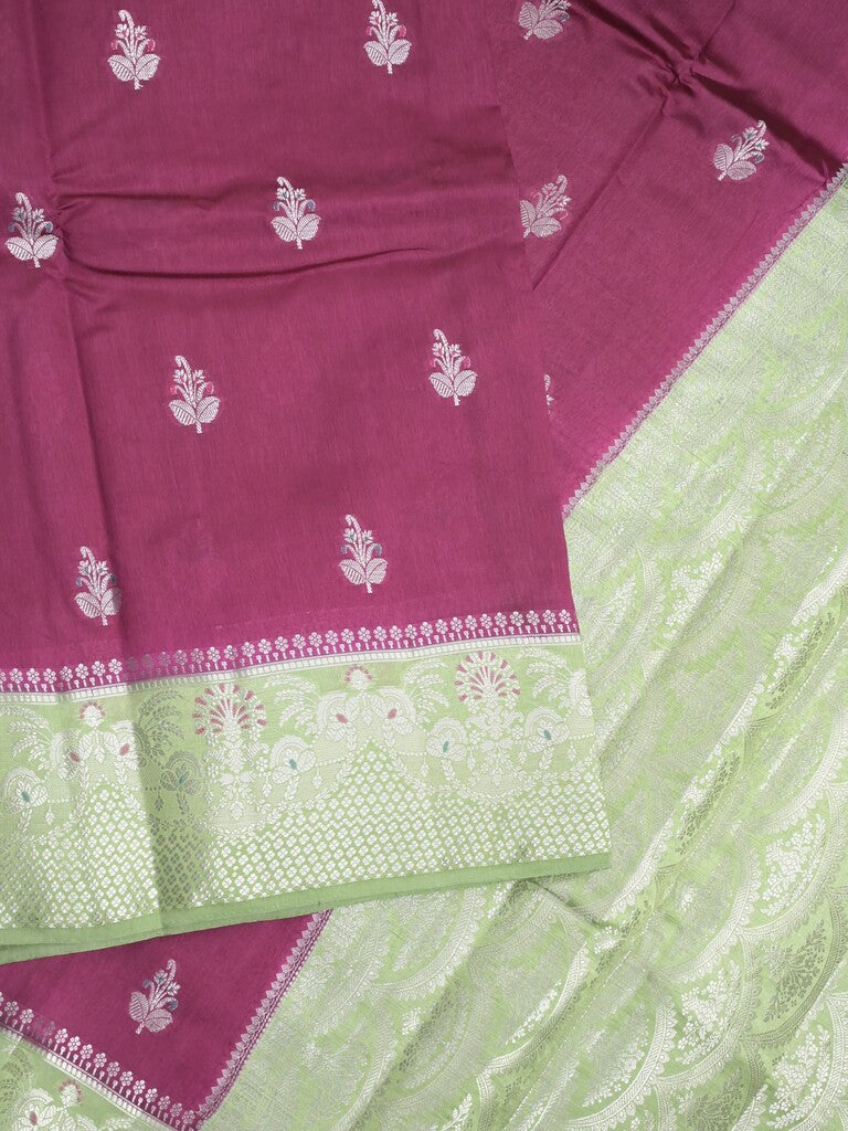 Raw mango fancy saree dark magenta color allover zari motifs & zari border with zari pallu and contrast blouse