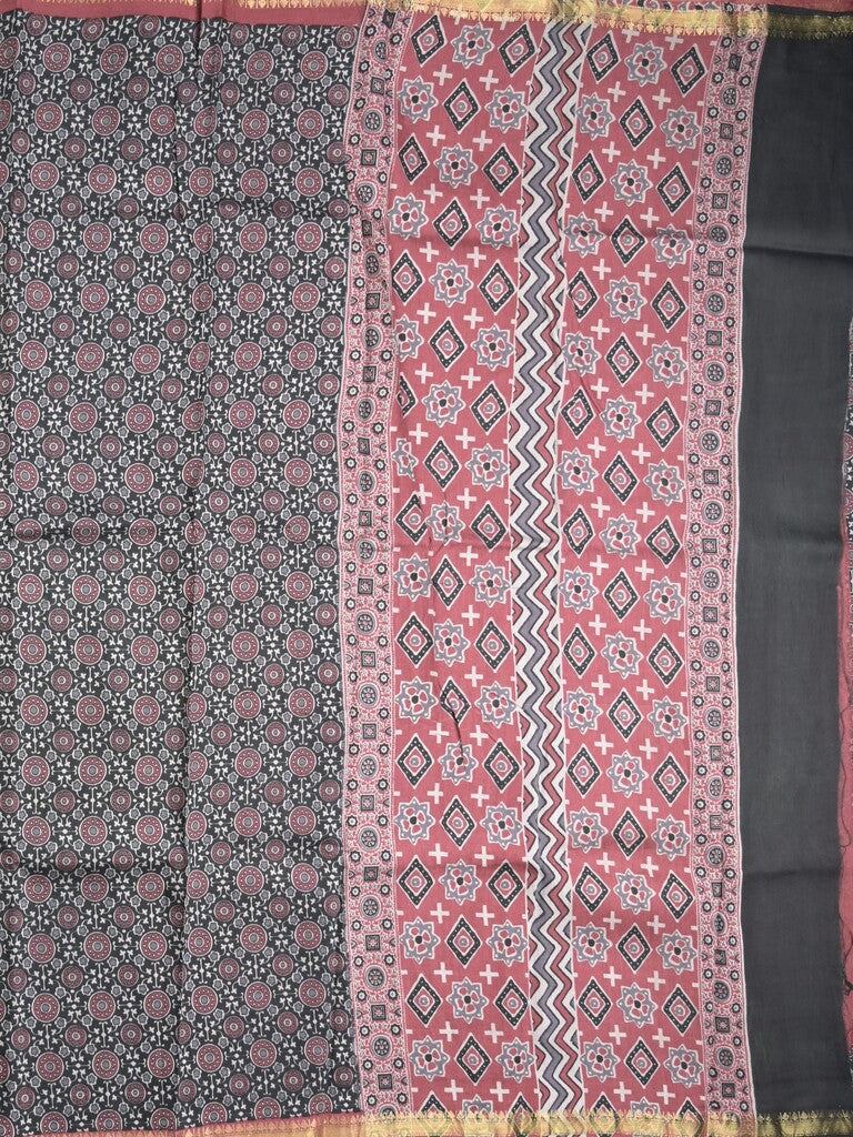 Maheshwari fancy saree black color allover prints & small zari border and printed pallu and plain blouse