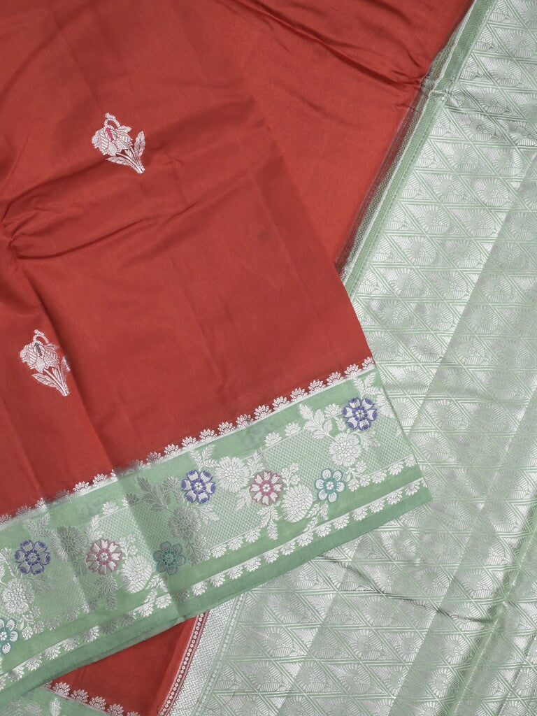 Raw mango fancy saree red color allover zari motifs & zari border with zari pallu and contrast blouse