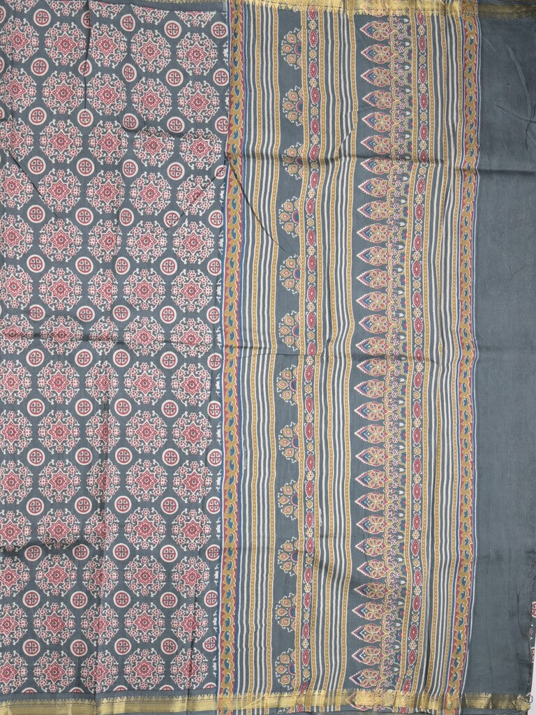 Maheshwari fancy saree grey color allover prints & small zari border and printed pallu and plain blouse