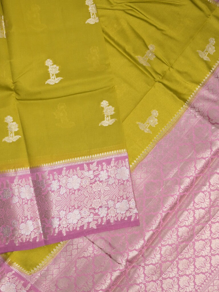 Raw mango fancy saree greenish yellow color allover zari motifs & zari border with zari pallu and contrast blouse