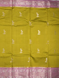 Raw mango fancy saree greenish yellow color allover zari motifs & zari border with zari pallu and contrast blouse