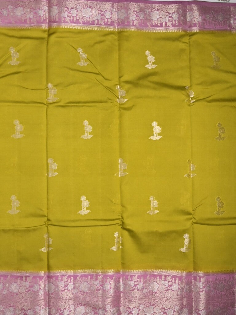 Raw mango fancy saree greenish yellow color allover zari motifs & zari border with zari pallu and contrast blouse