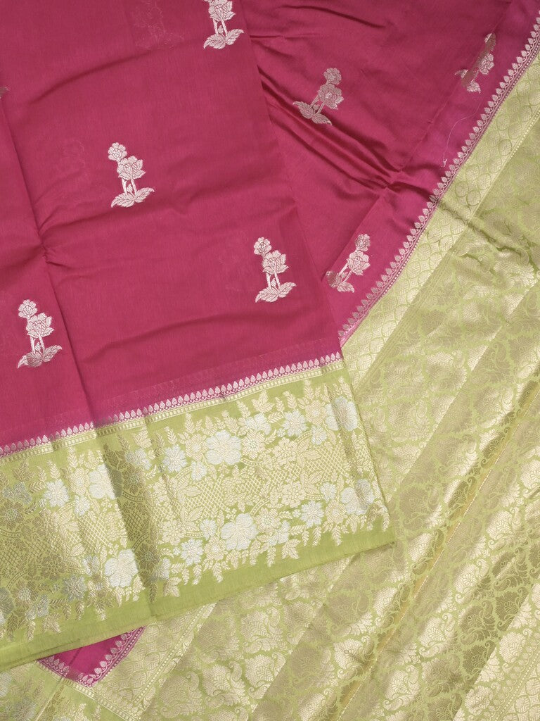 Raw mango fancy saree cherry pink color allover zari motifs & zari border with zari pallu and contrast blouse