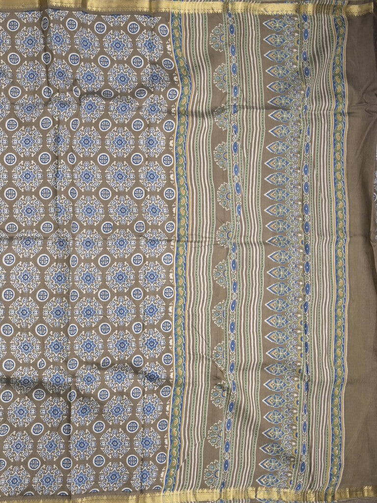 Maheshwari fancy saree snuff color allover prints & small zari border and printed pallu and plain blouse