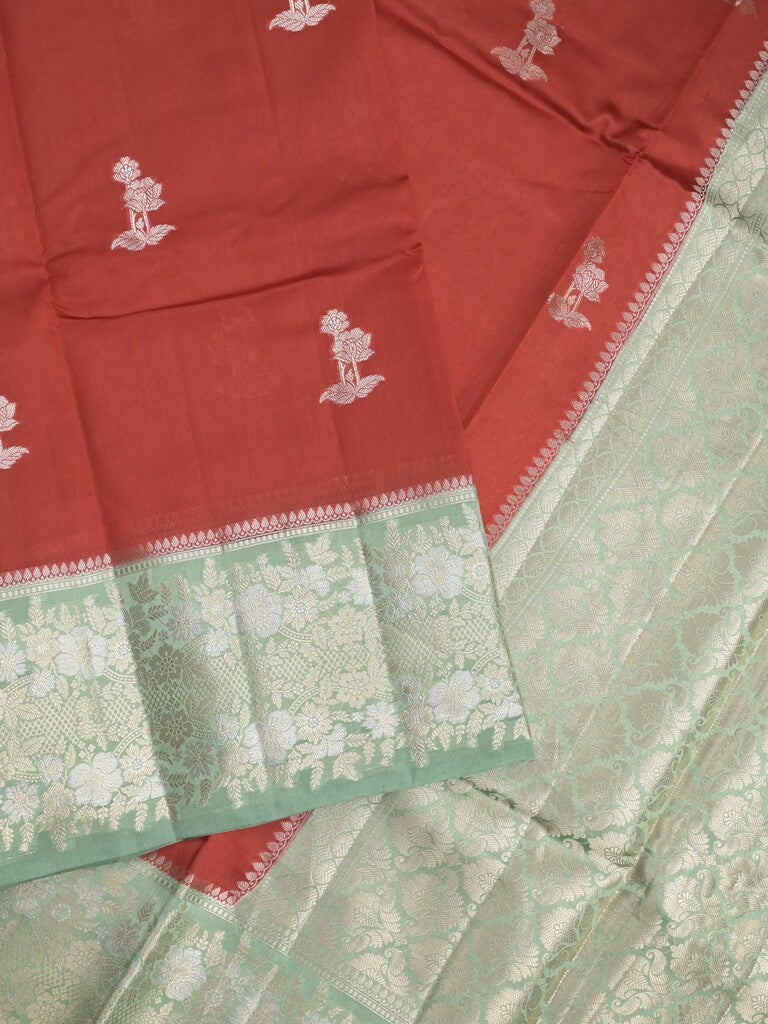 Raw mango fancy saree red color allover zari motifs & zari border with zari pallu and contrast blouse