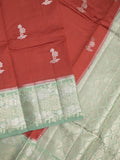 Raw mango fancy saree red color allover zari motifs & zari border with zari pallu and contrast blouse