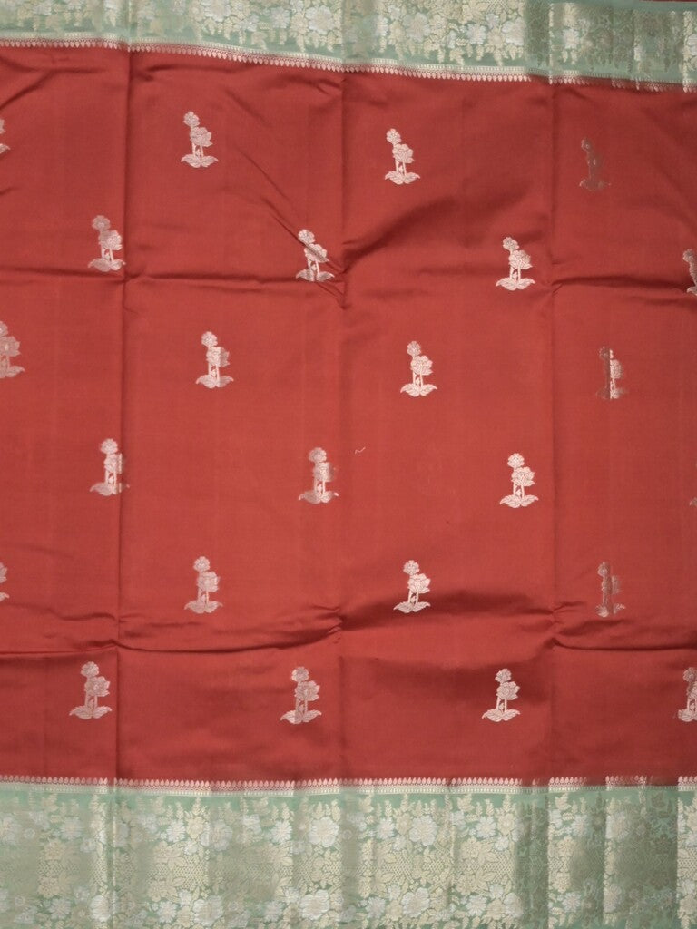 Raw mango fancy saree red color allover zari motifs & zari border with zari pallu and contrast blouse