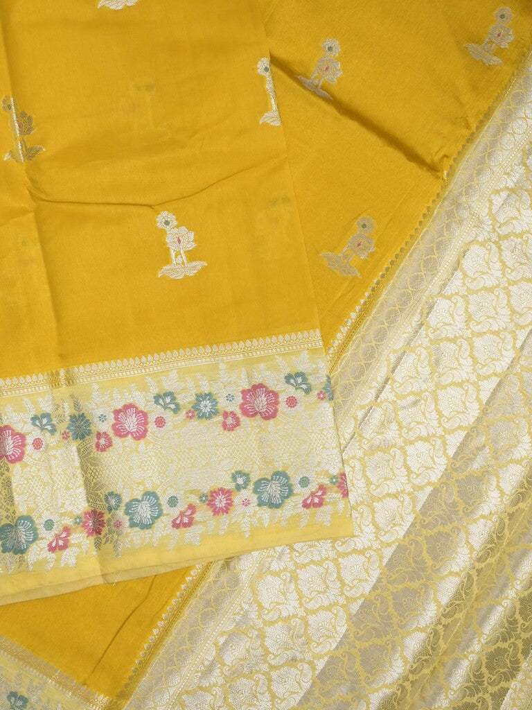 Raw mango fancy saree golden yellow color allover zari motifs & zari border with zari pallu and contrast blouse