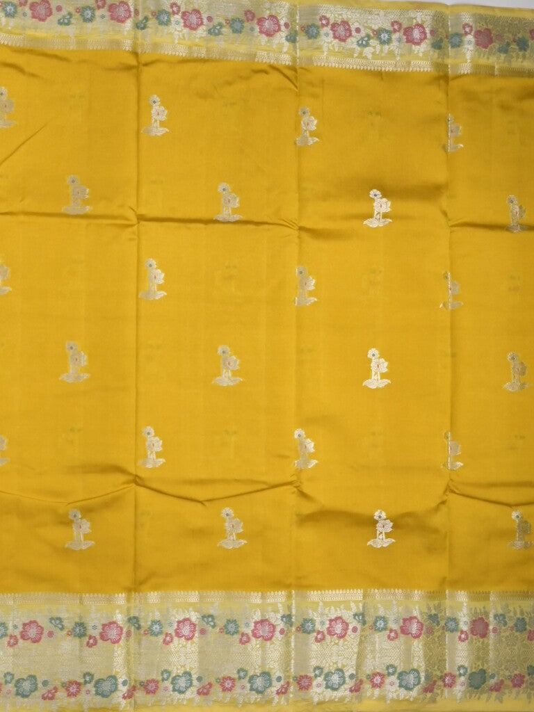 Raw mango fancy saree golden yellow color allover zari motifs & zari border with zari pallu and contrast blouse