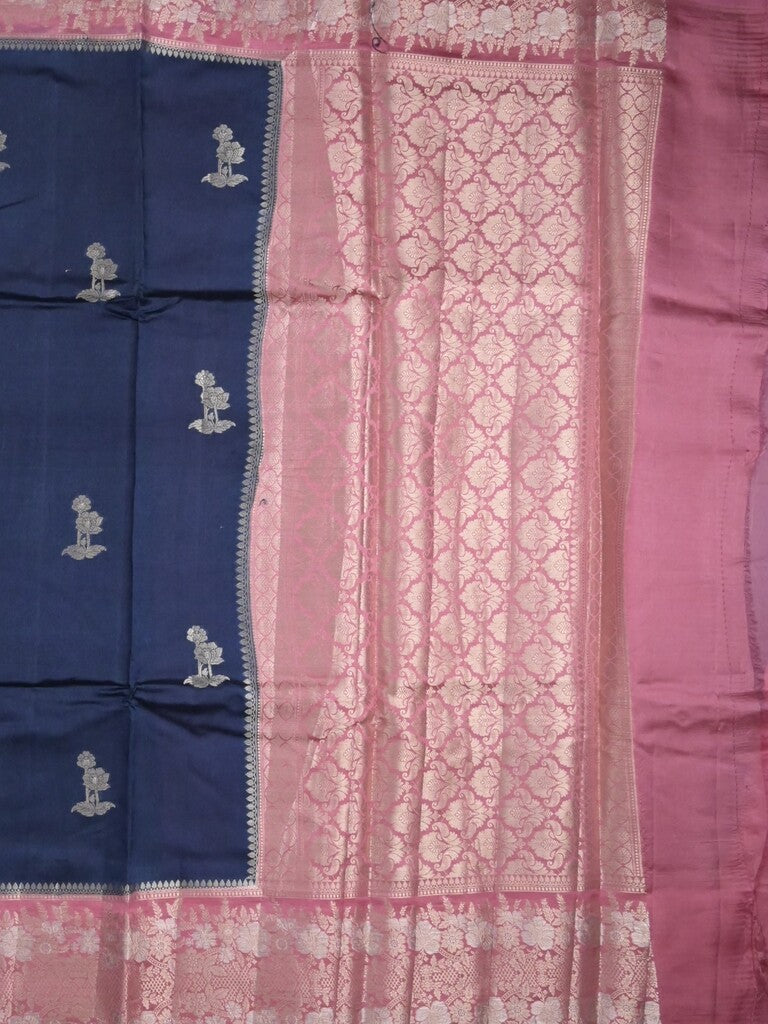 Raw mango fancy saree navy blue color allover zari motifs & zari border with zari pallu and contrast blouse