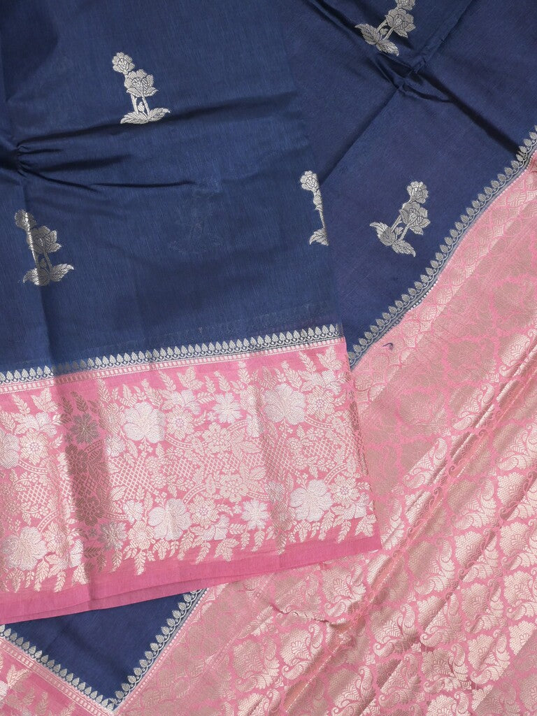 Raw mango fancy saree navy blue color allover zari motifs & zari border with zari pallu and contrast blouse