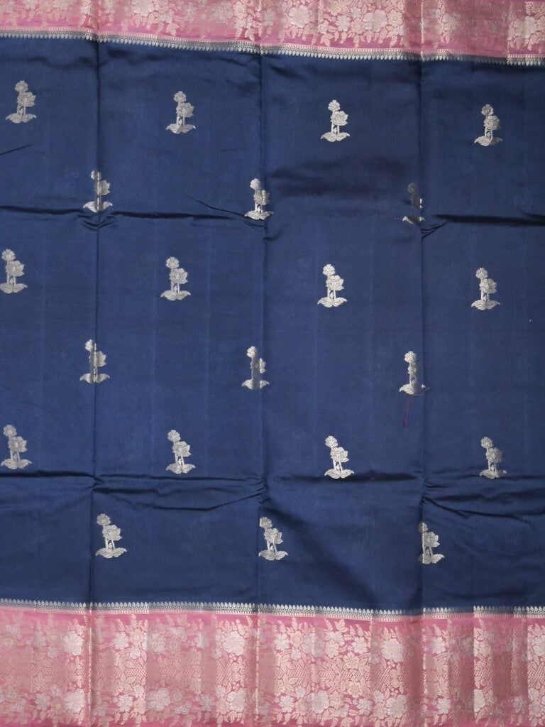 Raw mango fancy saree navy blue color allover zari motifs & zari border with zari pallu and contrast blouse