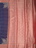 Georgette fancy saree navy blue color allover zari stripes & zari border with rich pallu and plain blouse