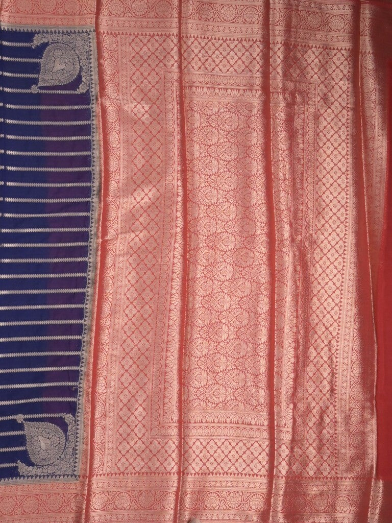 Georgette fancy saree navy blue color allover zari stripes & zari border with rich pallu and plain blouse