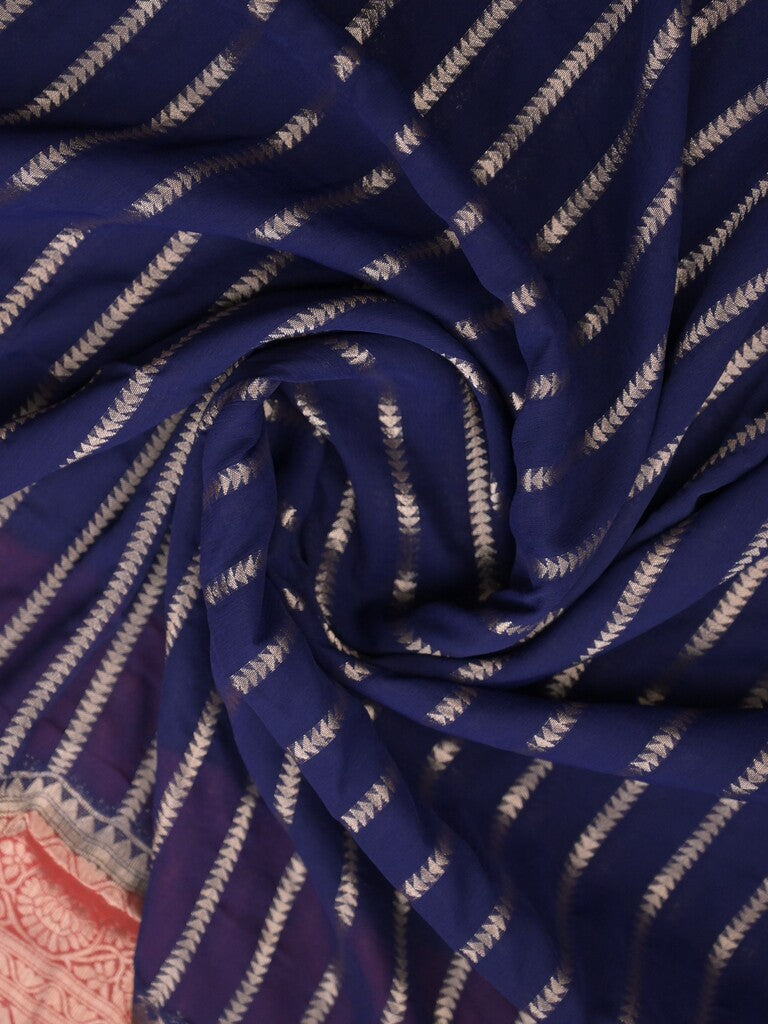 Georgette fancy saree navy blue color allover zari stripes & zari border with rich pallu and plain blouse