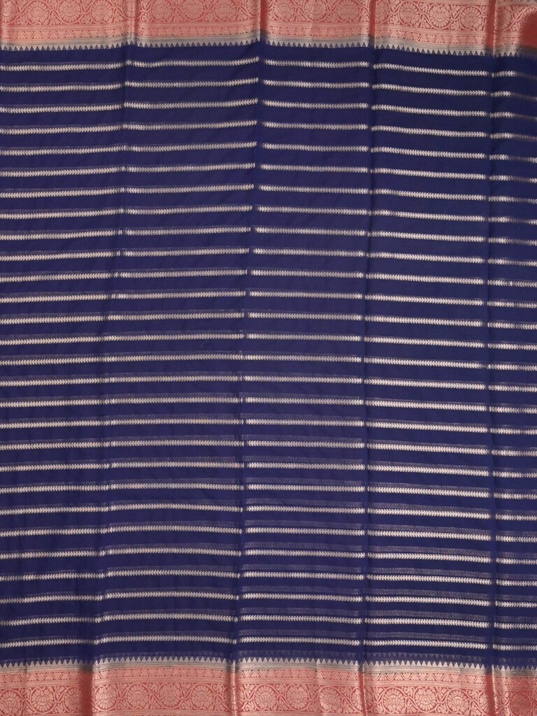 Georgette fancy saree navy blue color allover zari stripes & zari border with rich pallu and plain blouse