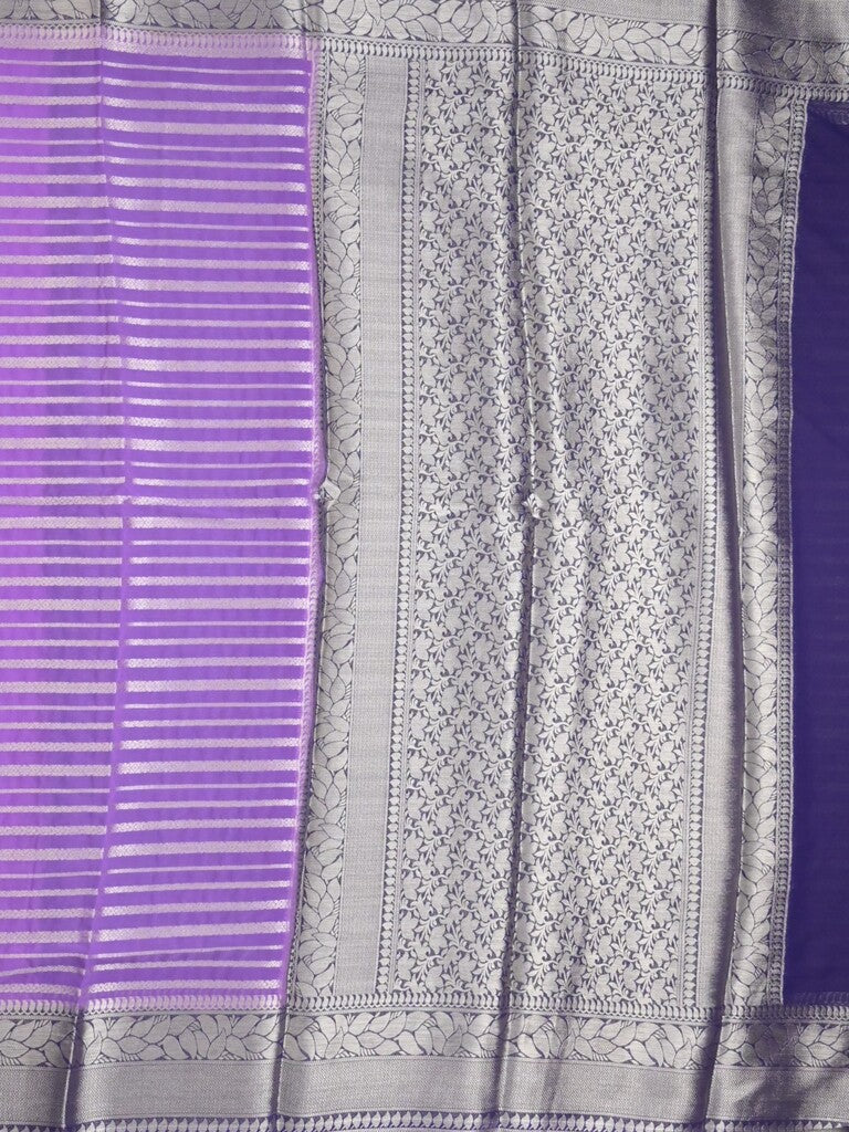 Georgette fancy saree lavender color allover zari stripes & zari border with rich pallu and plain blouse