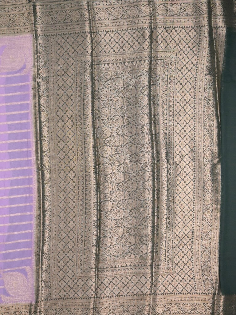 Georgette fancy saree light lavender color allover zari stripes & zari border with rich pallu and plain blouse