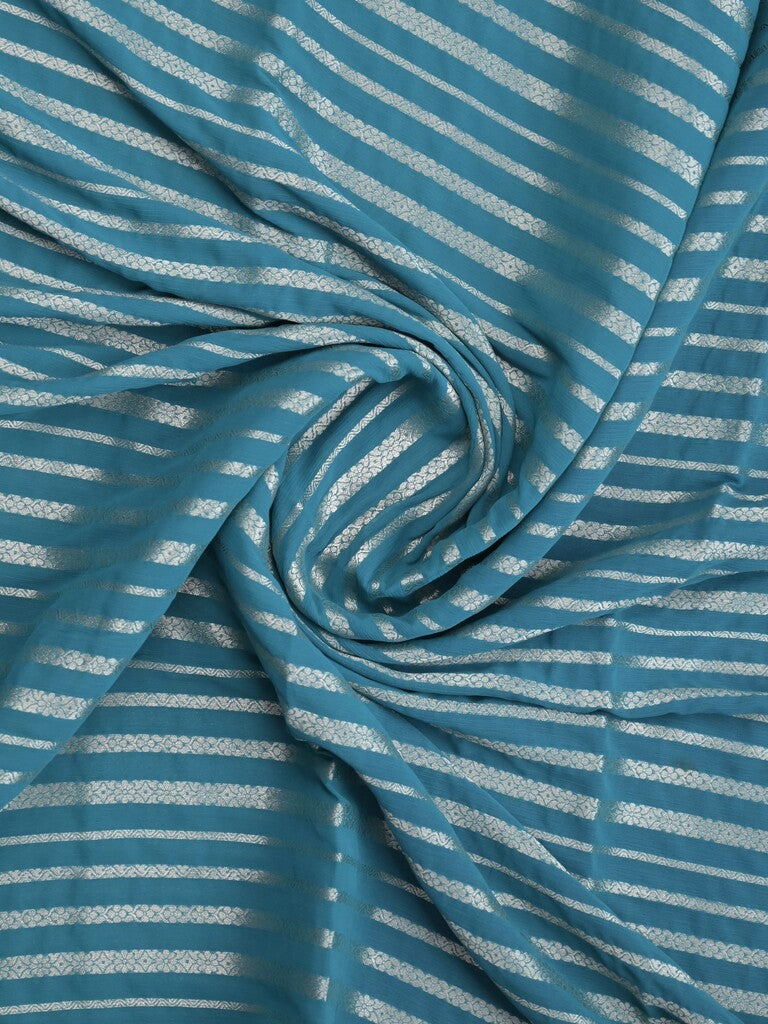 Georgette fancy saree sky blue color allover zari stripes & zari border with rich pallu and plain blouse