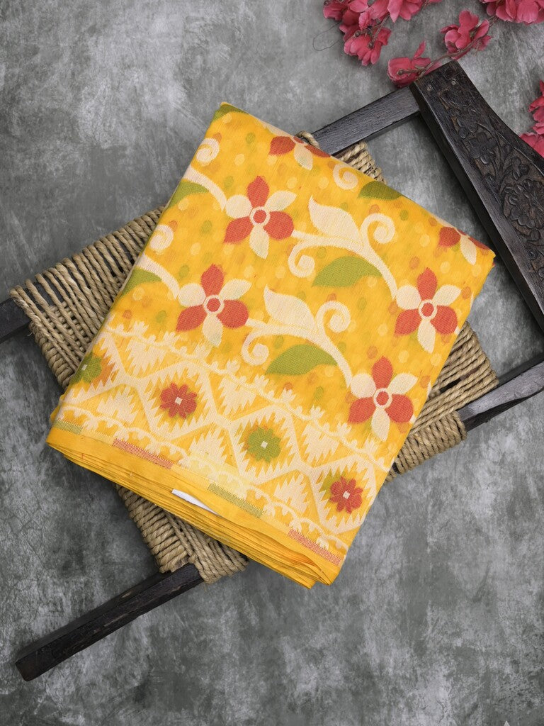 Jamdani cotton saree bright yellow color allover weaves & weaving border with weaving pallu and attached blouse