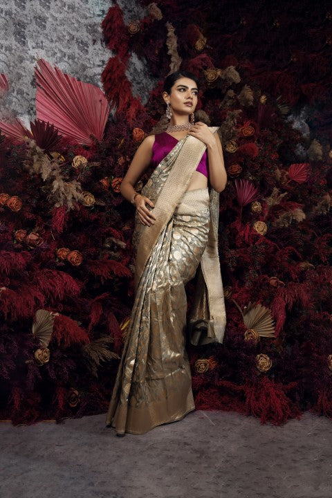 Banaras saree grey color with allover gold zari weaves, short pallu, zari border with blouse