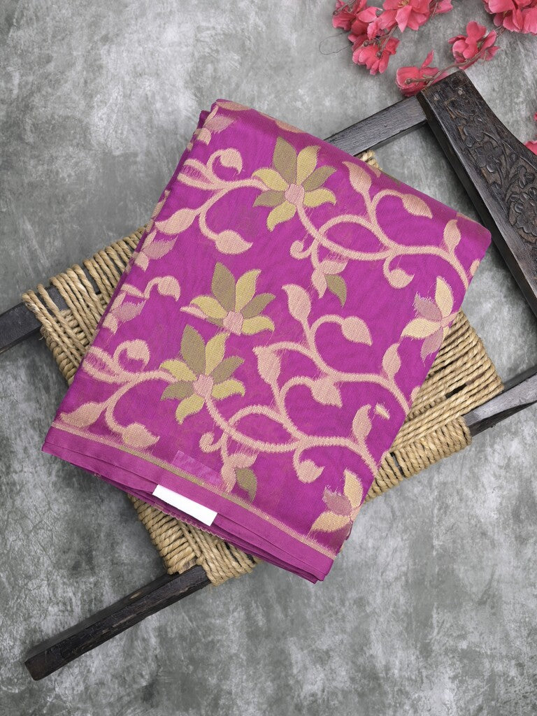 Jamdani cotton saree purple color allover weaves & weaving border with weaving pallu and attached blouse