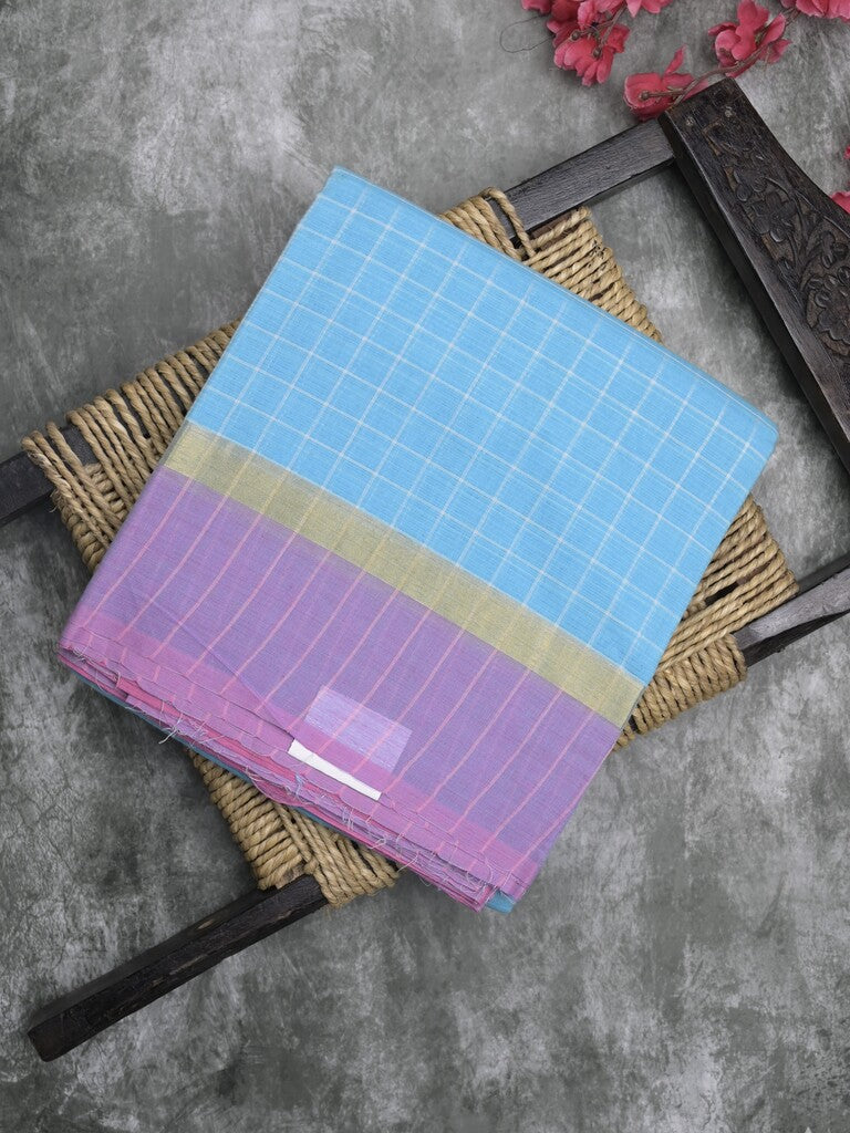 Village cotton saree light blue color allover checks & kaddi border with contrast pallu and contrast blouse