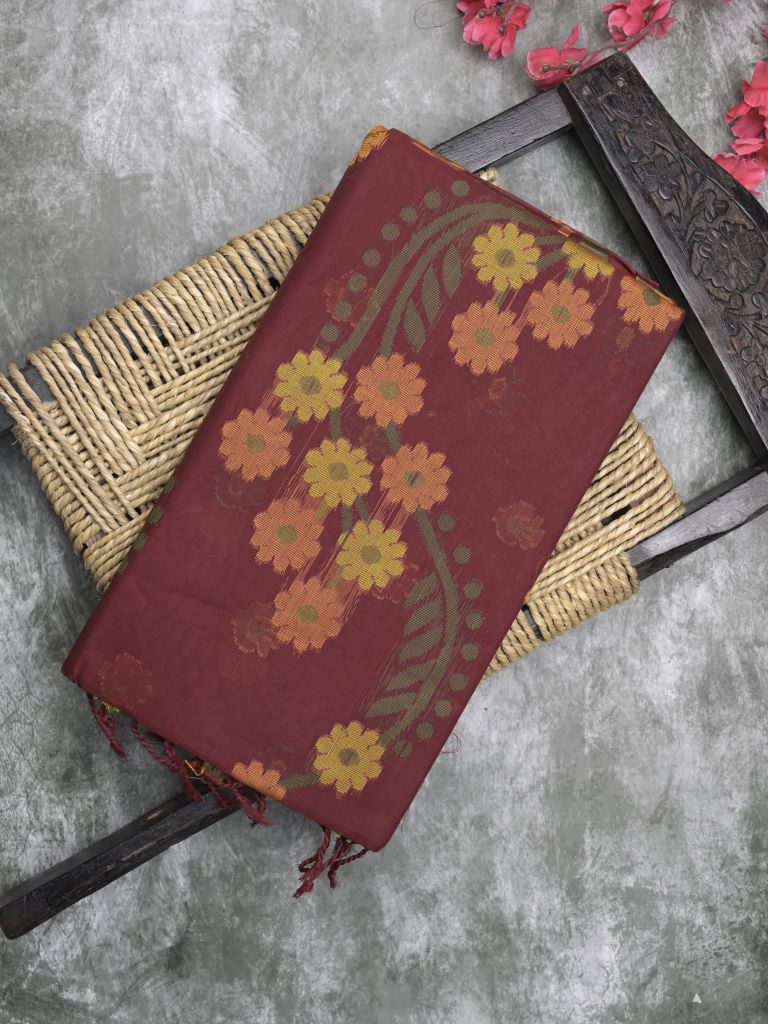 Bengali cotton saree dark maroon color allover weaves and weaving border with weaving pallu